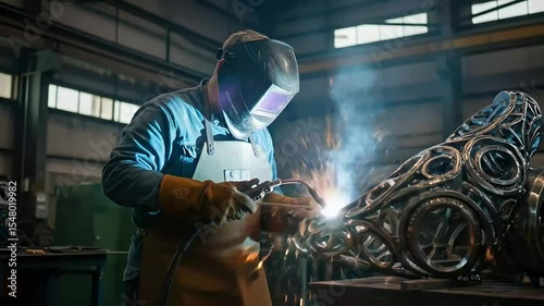 Industrial Metal Sculpting Process with Welding Sparks in a Workshop Environment