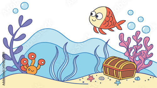 Adorable Cartoon Underwater World Friendly Fish and Treasure Chest