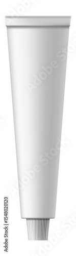 White blank plastic tube with ribbed lid standing vertically, ideal for sauce, glue, paint, cosmetics or any other viscous product packaging mockup, isolated on white background