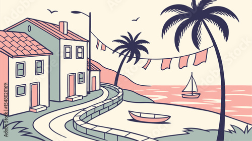 Charming Coastal Village Winding Streets, Laundry Hanging, and Tranquil Waters