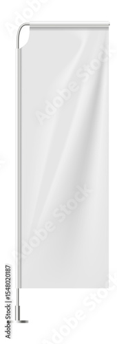 Realistic white vertical flag waving on flagpole with blank template for design, mockup of flagpole with empty white flag waving in wind, illustration isolated on white background