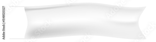 Horizontal white flag waving in the wind hanging from a horizontal pole, perfect for adding your own design or text, isolated on white background