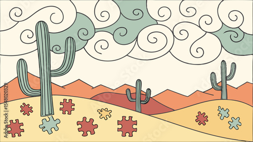 Abstract Desert Landscape A Colorful Puzzle Piece Oasis