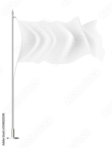 White flag waving on a flagpole against a white background, representing a concept of surrender, truce, or blank slate for design and customization