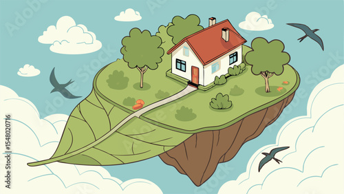A whimsical illustration of a floating island home, shaped like a giant leaf, nestled amongst fluffy clouds.