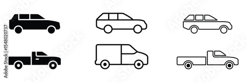 Car icon set in fill and line style. Transport vector illustration. Black and white car icon collection