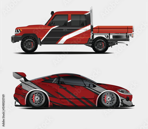 Red and Black Racing Vehicle Designs Truck and Sports Car