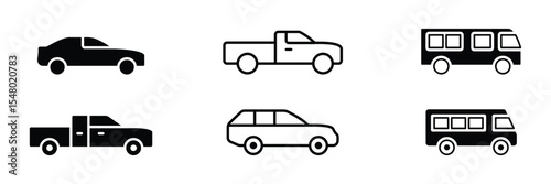 Collection of vehicle icons in side view including SUV, pickup, bus, van, and delivery truck.