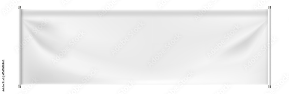 White rectangular canvas hanging on two metal poles with wrinkles and shadows, providing a realistic and customizable backdrop for showcasing designs or messages