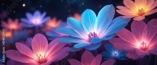 Close-up of luminous multicolored flowers glowing in a dark garden. Soft lighting, fantasy atmosphere, bright colors.