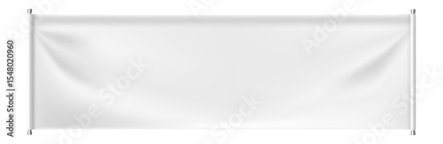 White rectangular canvas hanging on two metal poles with wrinkles and shadows, providing a realistic and customizable backdrop for showcasing designs or messages