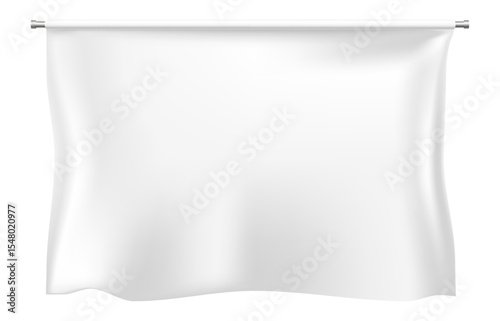 White rectangular flag waving gently on a horizontal metal pole, creating a perfect backdrop with ample copy space for text or design elements, ideal for various promotional needs