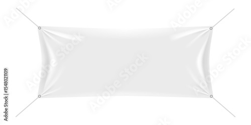 White rectangular vinyl banner hanging on ropes with eyelets, isolated on white background, ready for your advertisement or promotional text