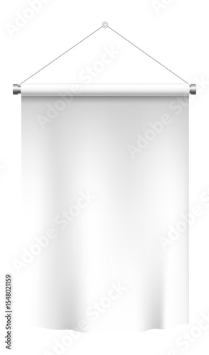 White empty textile banner hanging on a wall, supported by metal fixtures and string, perfect for creating mockups and presentations in various marketing and advertising contexts