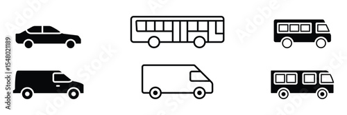 Collection of vehicle icons in side view including SUV, pickup, bus, van, and delivery truck.