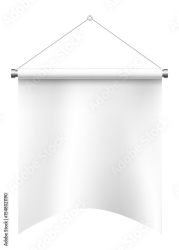 White empty banner hanging gracefully on a white wall, gently waving to create a soft, curved shape, perfect for displaying designs and delivering messages effectively