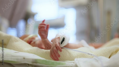 Premature baby's foot and hand in a neonatal intensive care unit. Medical devices are attached, offering support. A premature infant rests in a neonatal intensive care unit