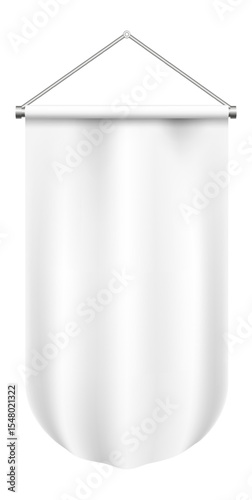 Realistic white pennant hanging from a metal bar with rings, offering a sophisticated display for showcasing announcements, logos, or creative designs in various settings