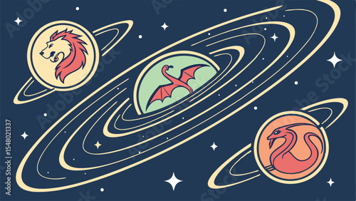 Cosmic Creatures A Night Sky of Swirling Galaxies Shaped Like Lions and Dragons