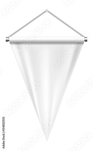 White triangular pennant hanging on a metal support, offering a blank template ready for text or design, ideal for promoting events, businesses, or messages