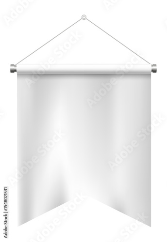 White pennant hanging on a wall, showing a blank template for your message, with metal rods and string, isolated on white background, ready for customization