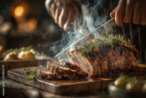 Close-up of roasted meat being sliced with rosemary garnish and potatoes