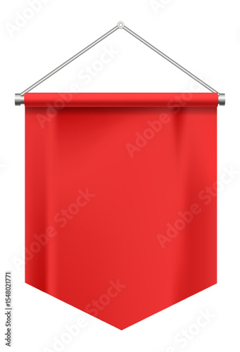 Red pennant hanging from a metallic support, featuring a blank space ideal for promoting events, sales, or important messages, set against a clean white background