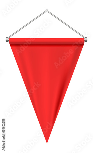 Red triangular pennant hanging from a metallic support, isolated against a clean white background, offering ample space for customization and ideal for various advertising needs