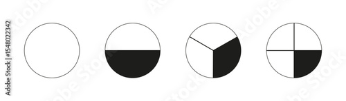 Round divided diagrams with from one to four segments. Circle division on from 1 to 4 equal parts. Infographic samples. Coaching blank. Outline graphics. Pizza, pie charts. Segmented black pinwheel.