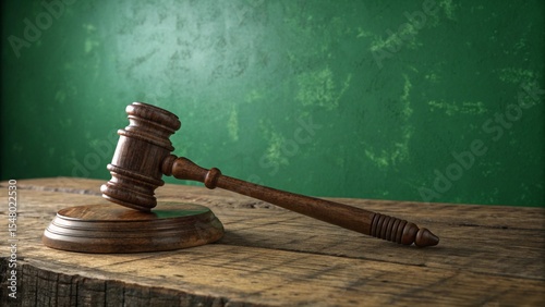A wooden gavel rests on a rustic wooden table, symbolizing law, justice, and the authority of a judge's judgment in court or auction photo