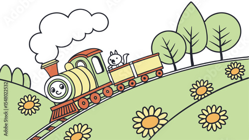 Cartoon Train Puffing Through Green Hills A Whimsical Journey