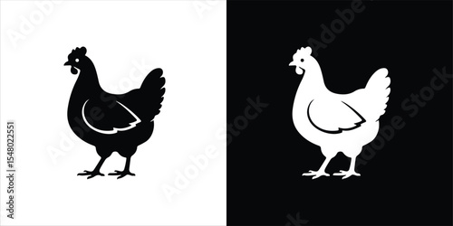 Black and white chicken silhouettes isolated on white and black backgrounds