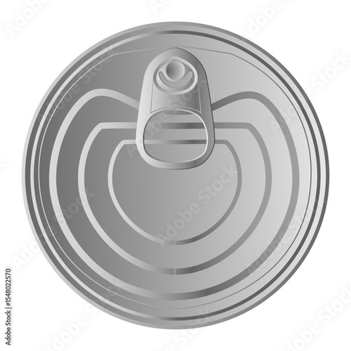 Realistic illustration featuring a closed metal tin can lid with a pull tab ring, viewed from above and isolated against a clean white background, emphasizing its sleek design