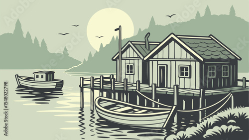 Serene Fishing Village Wooden Stilt Houses by the Sea at Sunset