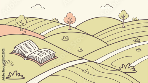 Serene Hills Transitioning into Open Book Pages A Literary Landscape Illustration
