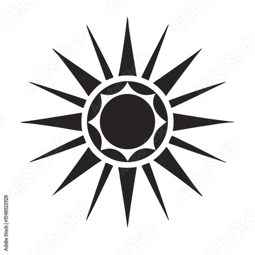 This image shows a black sun with sharp, jagged rays extending outward in a symmetrical pattern. Abstract sun icon