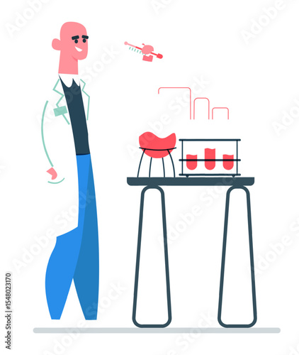 Smiling scientist in a lab coat operating a nano drone for analyzing liquids in test tubes, conducting innovative experiments in a cutting edge modern laboratory environment