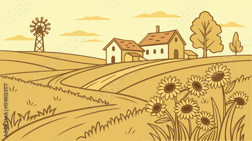 Rural Village Idyll Sunflowers, Farmhouses, and Dirt Roads