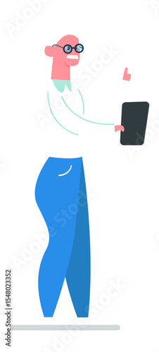 Full length portrait of an elderly businessman holding a tablet in one hand and making a thumbs up gesture with the other, expressing approval and satisfaction with modern technology