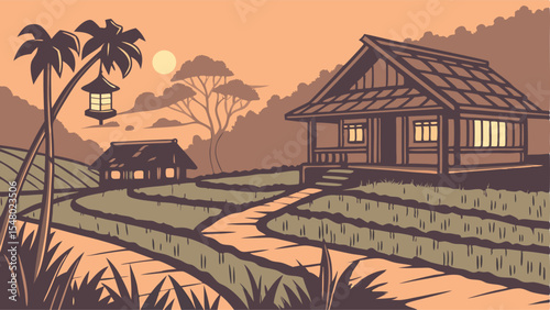 Tranquil Asian Village Scene Traditional House Amidst Rice Paddies at Sunset