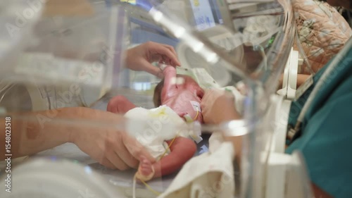 A premature baby is being cared for in a neonatal intensive care unit (NICU), with medical staff attending. A premature baby receives care in a neonatal intensive care unit (NICU)