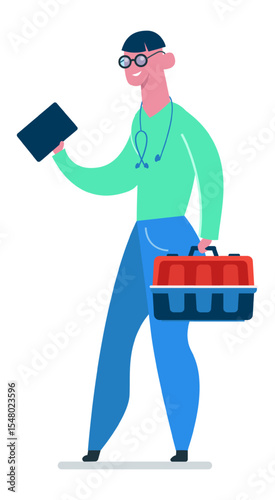 Veterinarian walking and holding a tablet and a pet carrier, going to visit a pet, healthcare and medical services, veterinary, pets and animals, professional occupation
