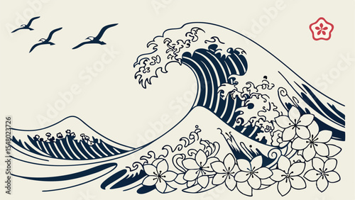 Ocean Wave Illustration Interlocking Floral Patterns and Birds