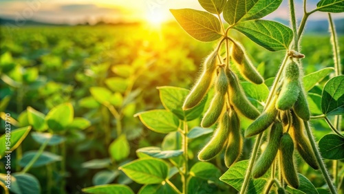 Green soybean plants in a sunlit field with ripe pods hanging amidst lush foliage
