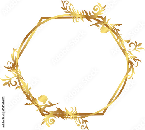 gold laurel wreath Luxury gold hexagon floral frame for wedding or engagement invitation	
