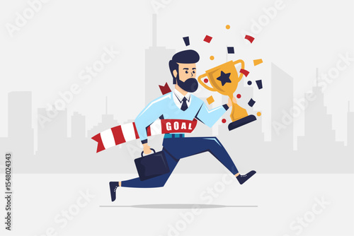 Businessman Reaching His Goal and Celebrating Success, Businessman Conquers His Goals and Collects His Trophy, Race Towards Professional Success Crossing the Finish Line with Trophy