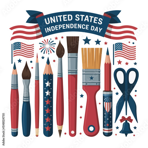 Fourth of July Vector with USA Flags Brushes Pencils and Scissors in Red White Blue

