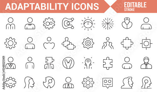 Collection of Icons Depicting Adaptability, Gears, and Human Skills


