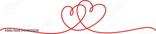 Two red hearts connected with a single continuous line isolated on white background