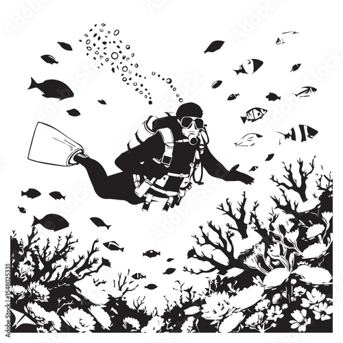 A scuba diver explores a vibrant coral reef surrounded by various fish